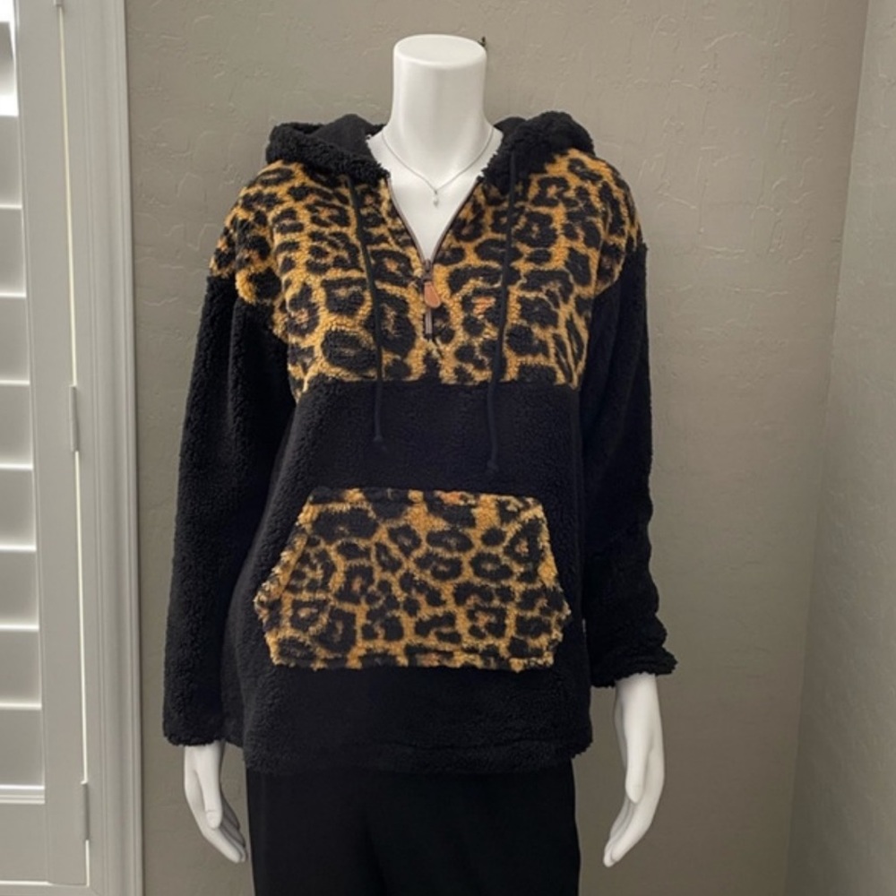 1 Left! 🎈Leopard & Black Faux Fur Sweatshirt Hoody - Picture 4 of 6